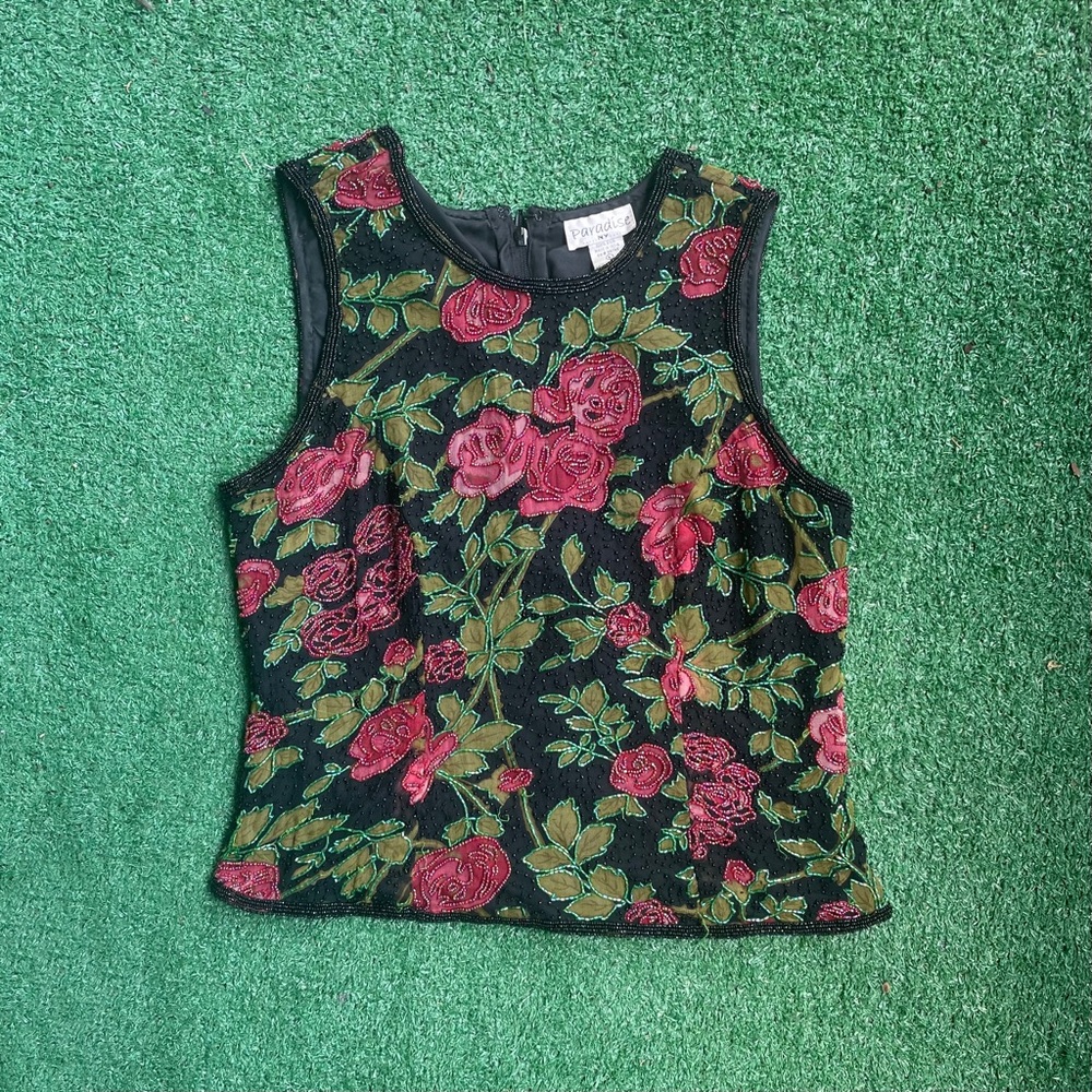 Paradise Vintage Black Silk Beaded Rose Floral Tank Top